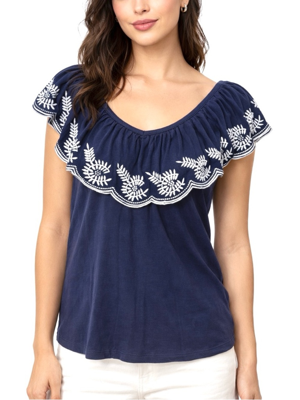 Anthropologie Moulinette Soeurs Blue Embroidered Ruffle Blouse Boho Casual Top S